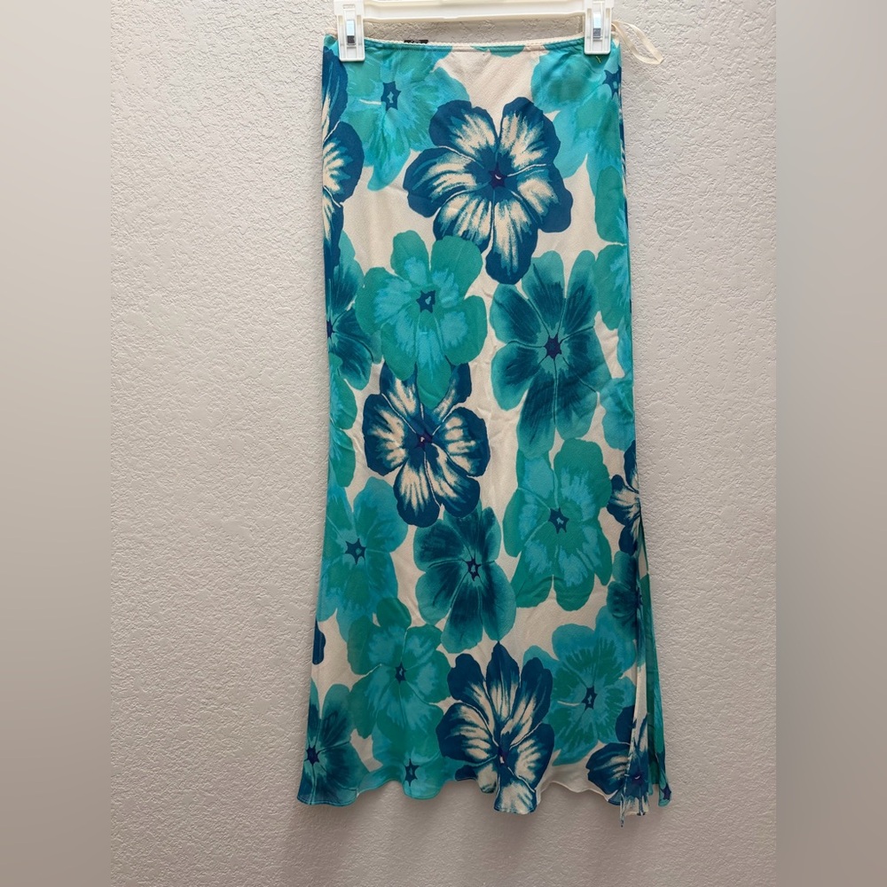 Vintage Silk Express Blue Hibiscus Midi Skirt Deadstock y2k 90s X-Small NWT - Picture 4 of 6